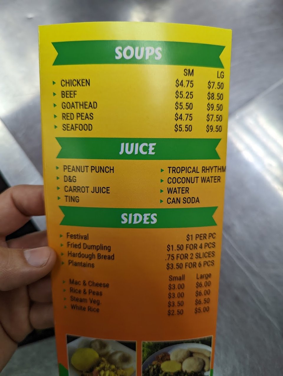 Sections for patties, chicken, fish, and sides.