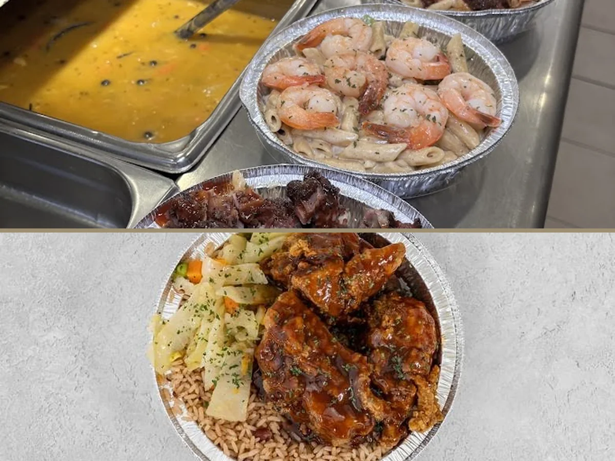 Takeout counter with a simple Caribbean menu board.