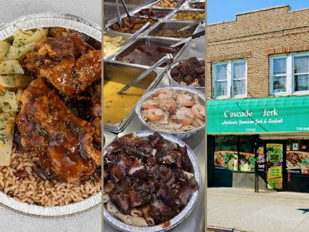 Plates of jerk chicken and sides on display.